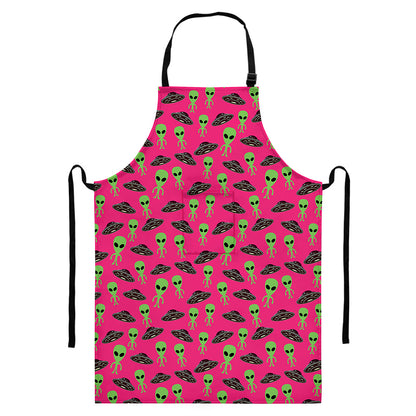 Little Green Alien UFO Print Bib Apron With Pocket