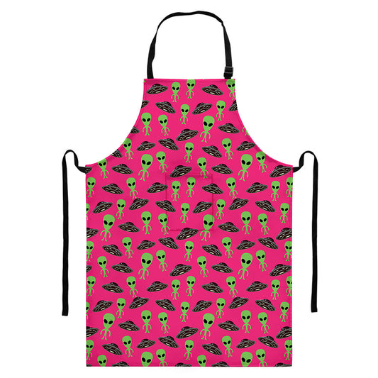 Little Green Alien UFO Print Bib Apron With Pocket