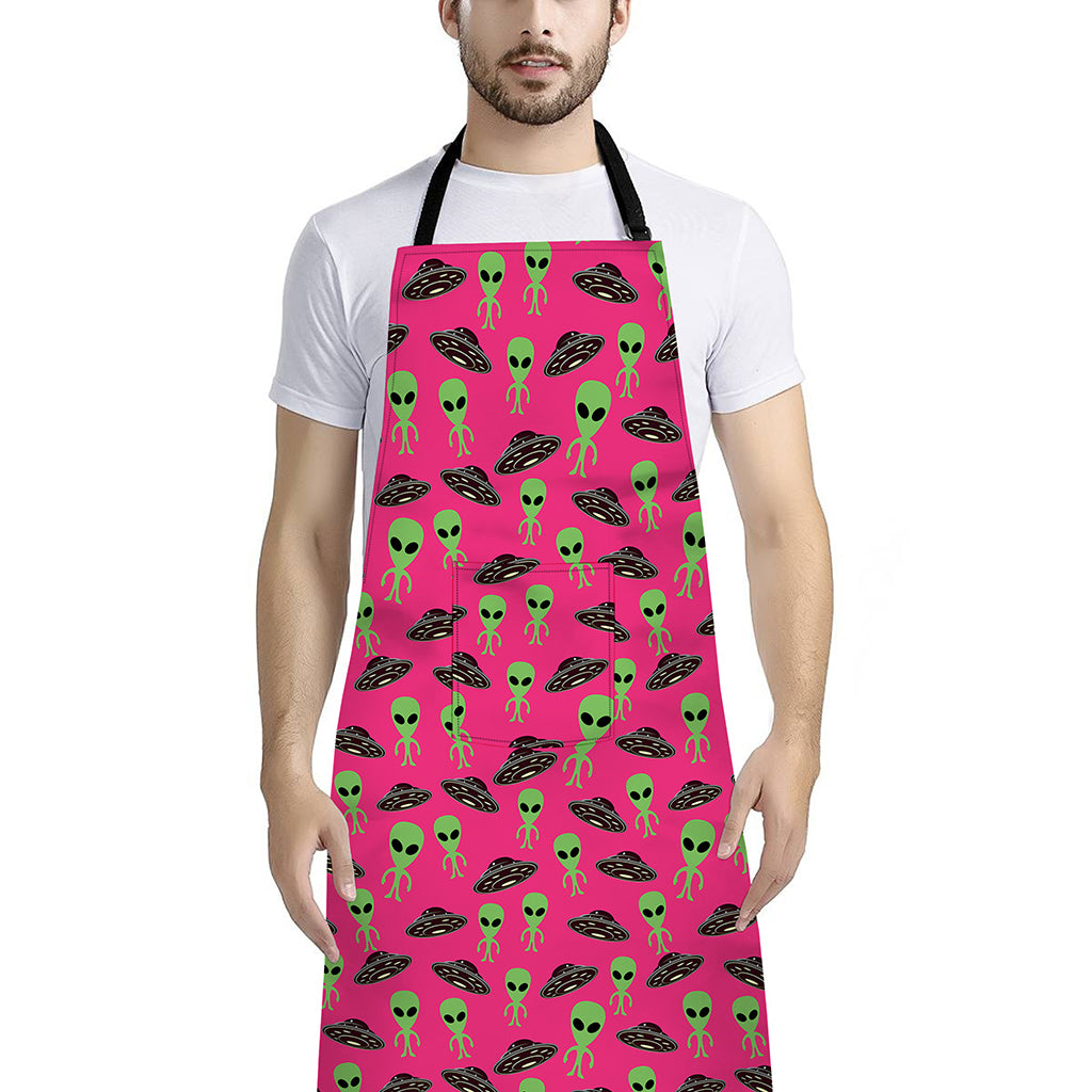 Little Green Alien UFO Print Bib Apron With Pocket