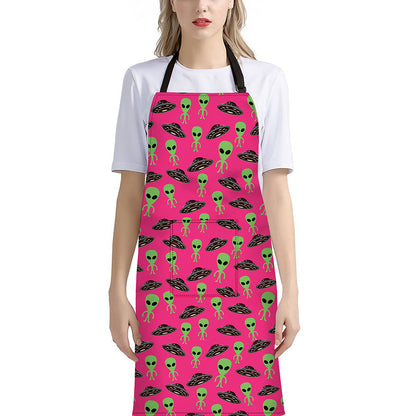 Little Green Alien UFO Print Bib Apron With Pocket