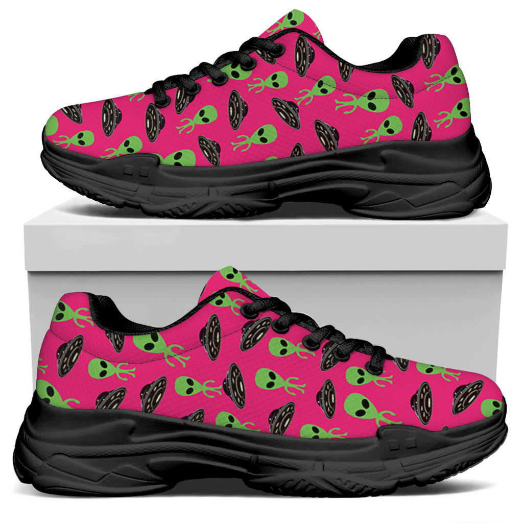 Little Green Alien UFO Print Black Chunky Shoes