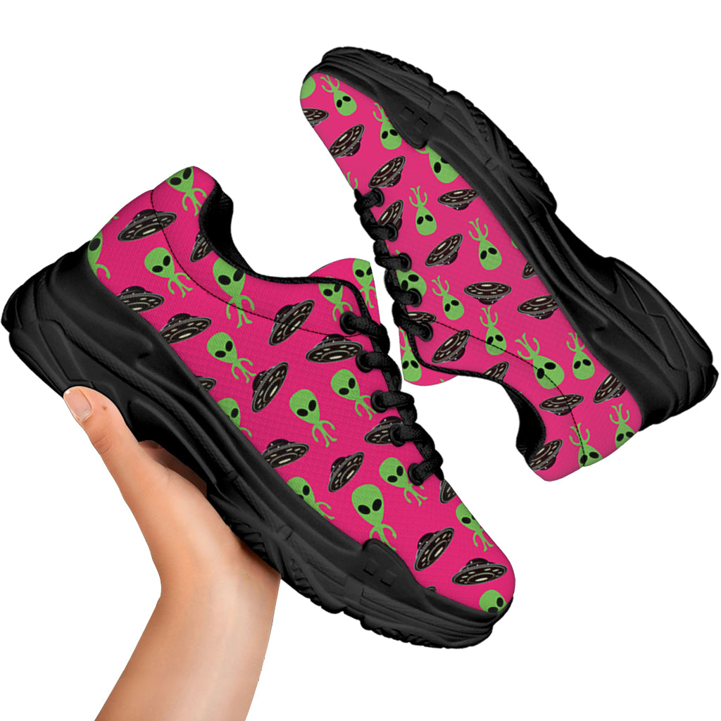 Little Green Alien UFO Print Black Chunky Shoes