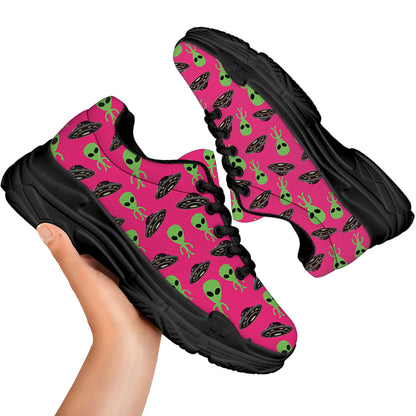 Little Green Alien UFO Print Black Chunky Shoes