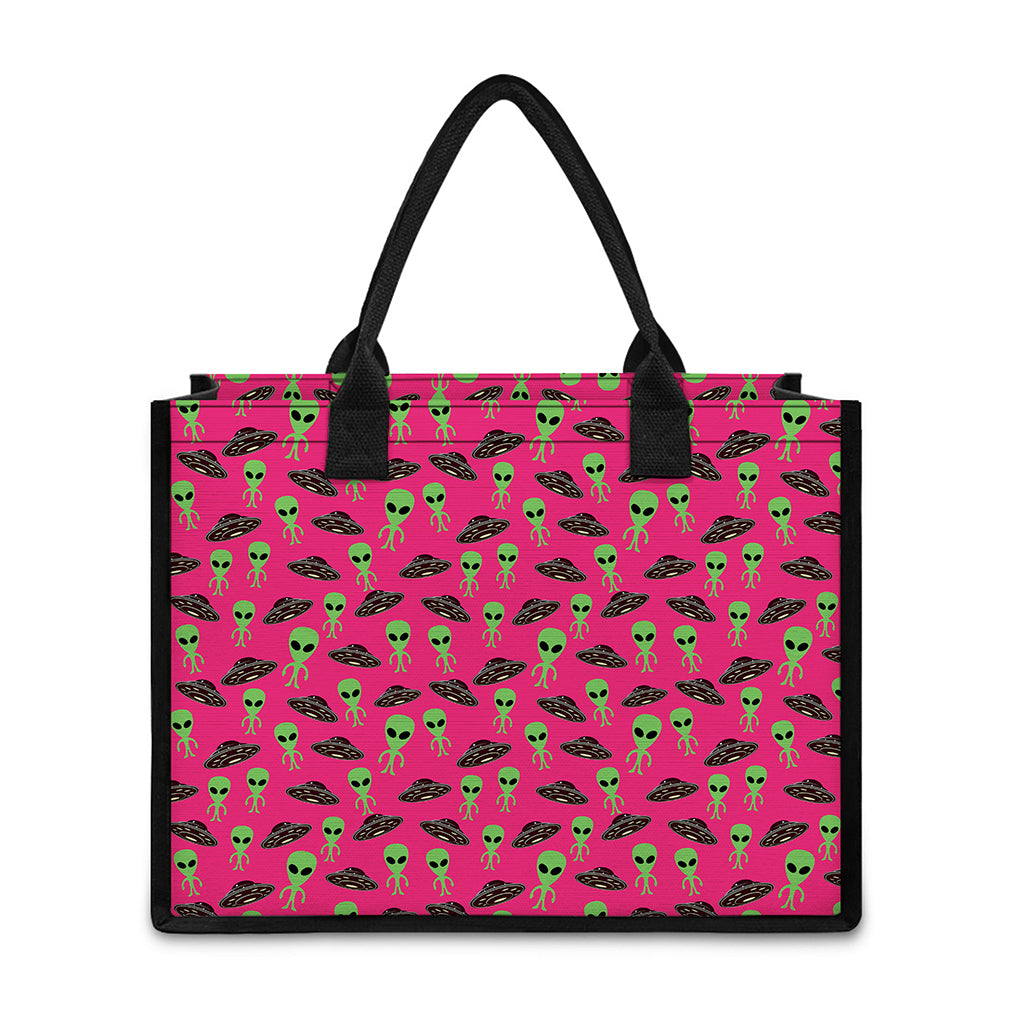 Little Green Alien UFO Print Canvas Tote Bag