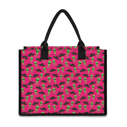 Little Green Alien UFO Print Canvas Tote Bag
