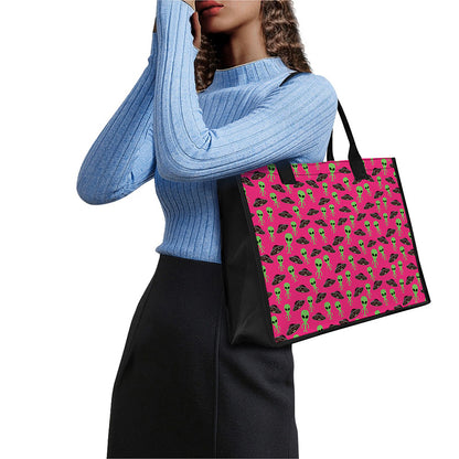 Little Green Alien UFO Print Canvas Tote Bag