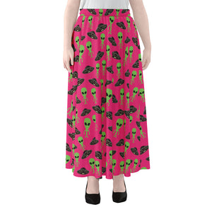 Little Green Alien UFO Print Chiffon Maxi Skirt