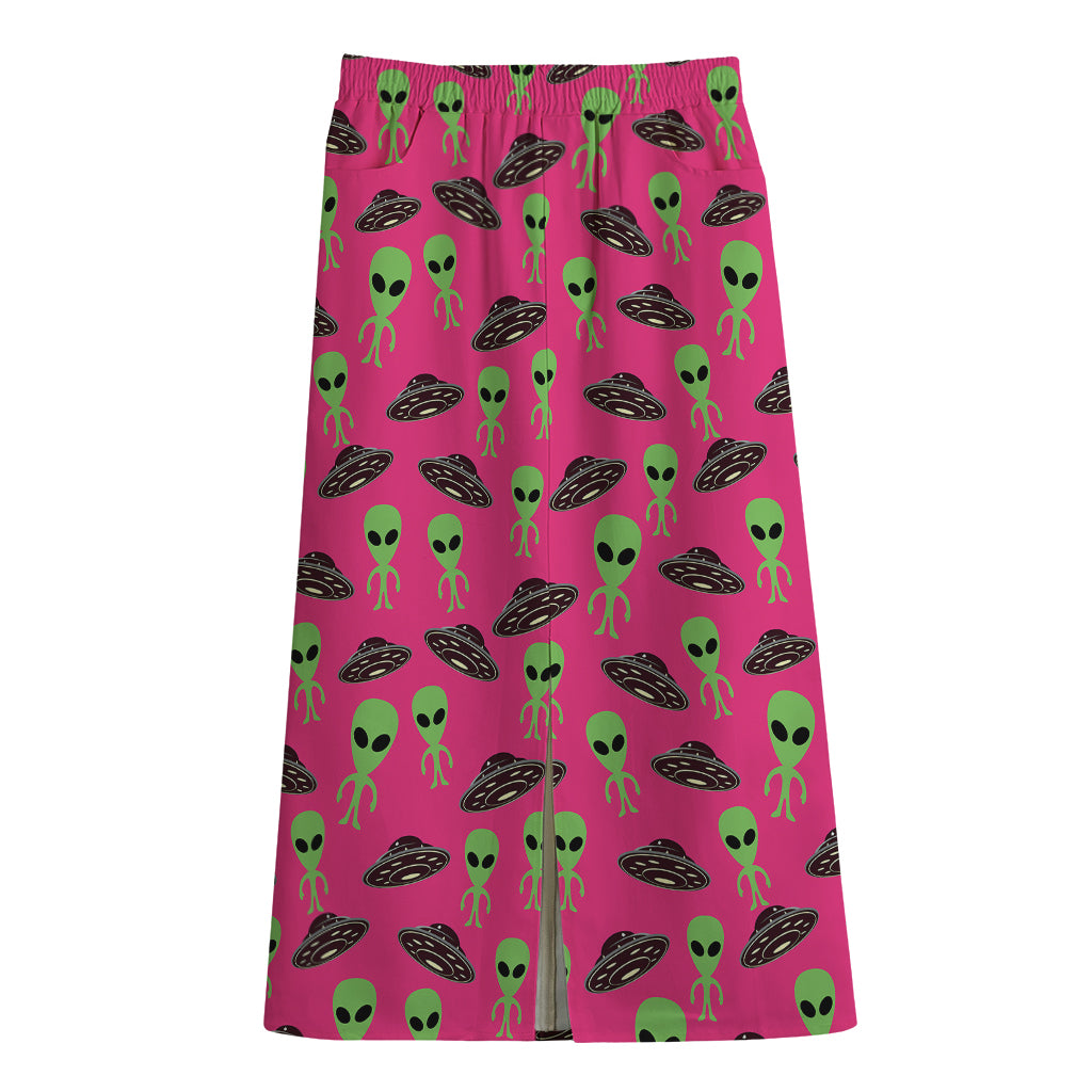 Little Green Alien UFO Print Cotton Front Slit Maxi Skirt