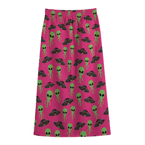 Little Green Alien UFO Print Cotton Front Slit Maxi Skirt