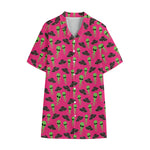 Little Green Alien UFO Print Cotton Hawaiian Shirt