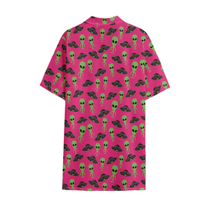 Little Green Alien UFO Print Cotton Hawaiian Shirt