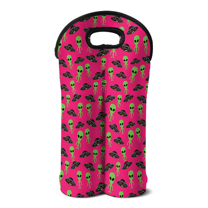 Little Green Alien UFO Print Double Neoprene Wine Tote