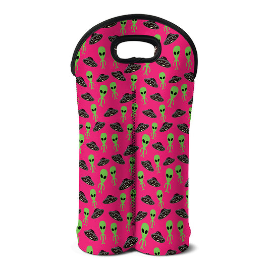 Little Green Alien UFO Print Double Neoprene Wine Tote