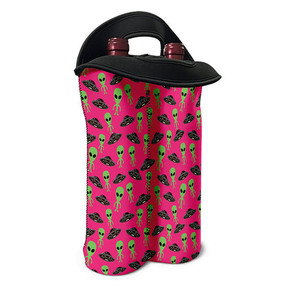 Little Green Alien UFO Print Double Neoprene Wine Tote