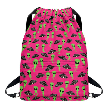 Little Green Alien UFO Print Drawstring Backpack