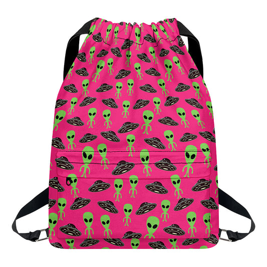 Little Green Alien UFO Print Drawstring Backpack