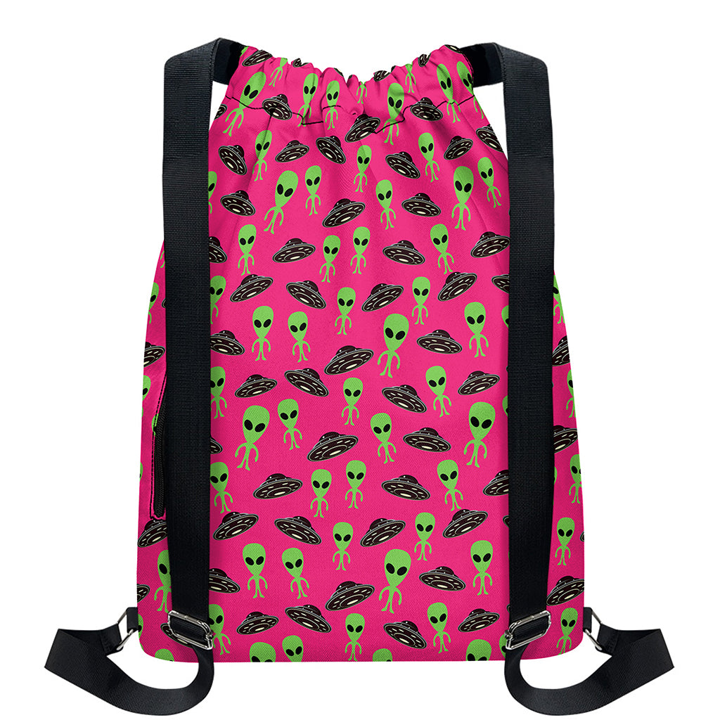 Little Green Alien UFO Print Drawstring Backpack