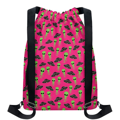 Little Green Alien UFO Print Drawstring Backpack