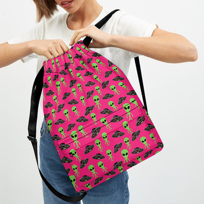 Little Green Alien UFO Print Drawstring Backpack
