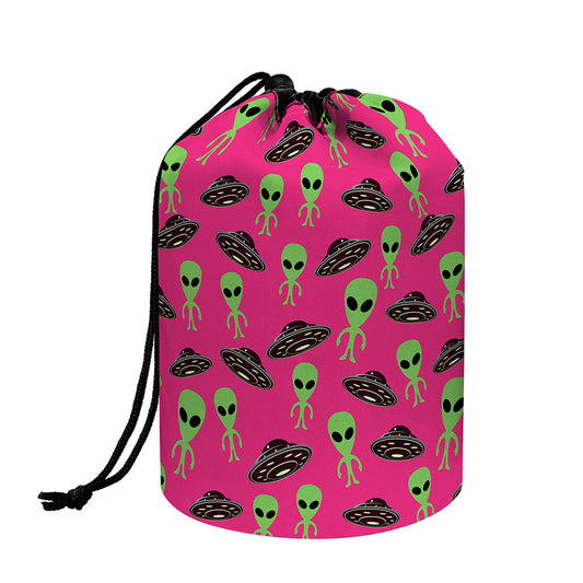 Little Green Alien UFO Print Drawstring Makeup Bag