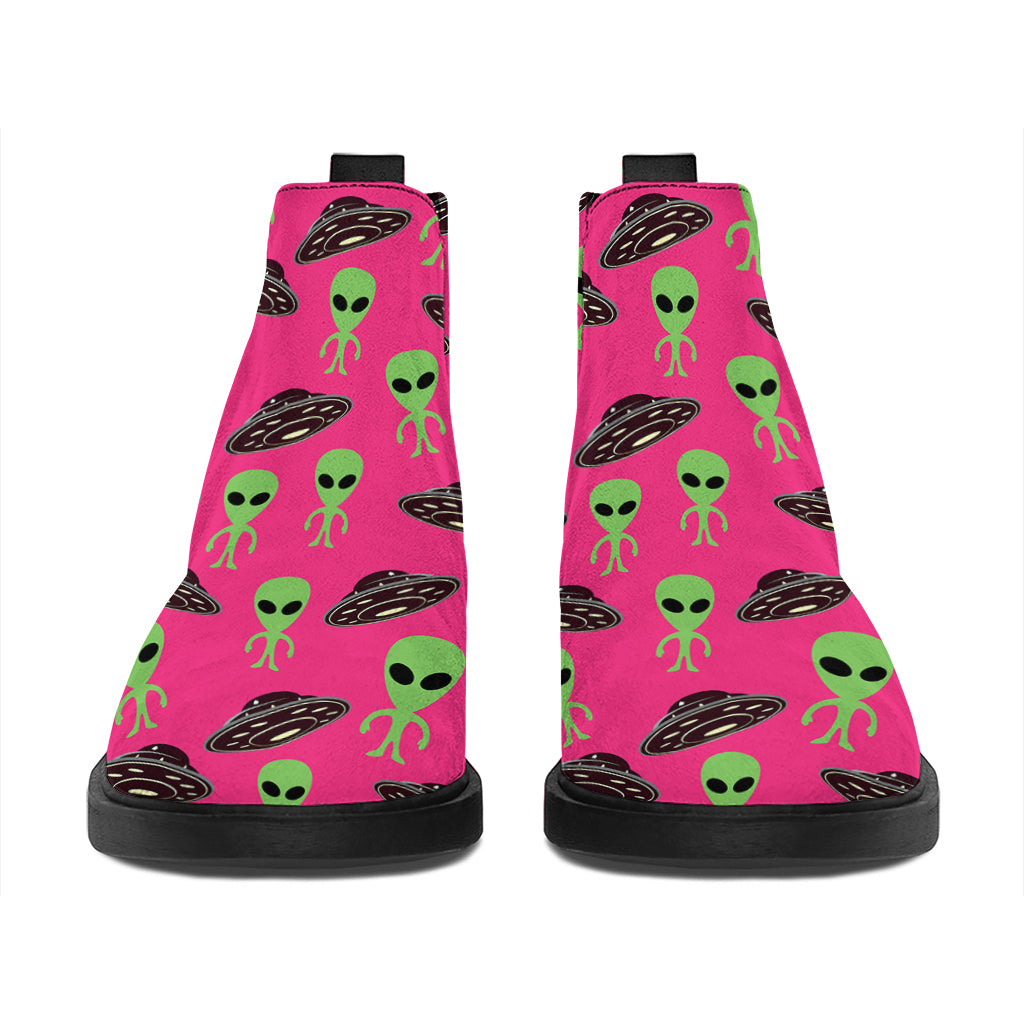 Little Green Alien UFO Print Flat Ankle Boots