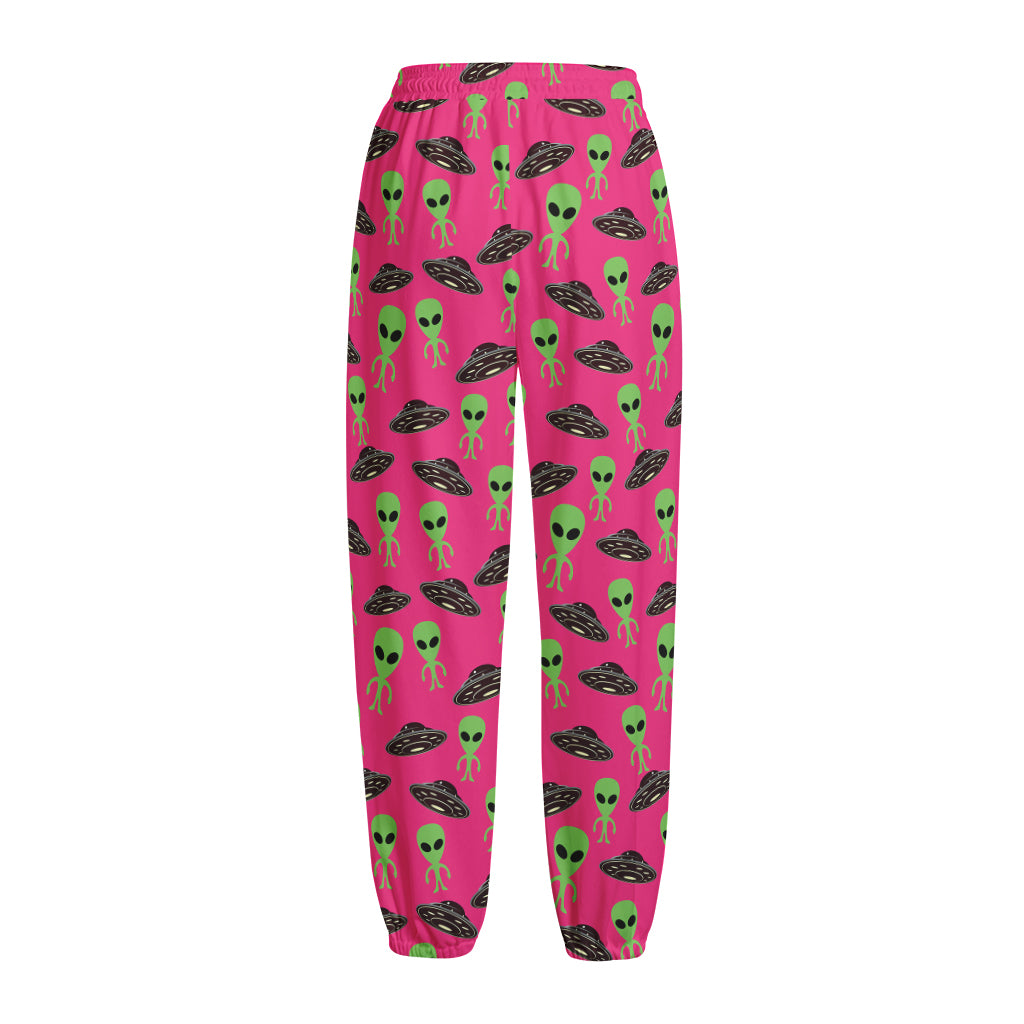 Little Green Alien UFO Print Fleece Lined Knit Pants