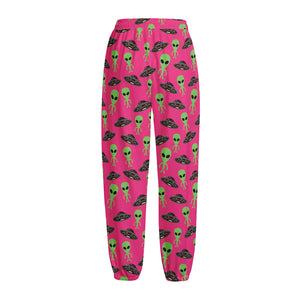 Little Green Alien UFO Print Fleece Lined Knit Pants