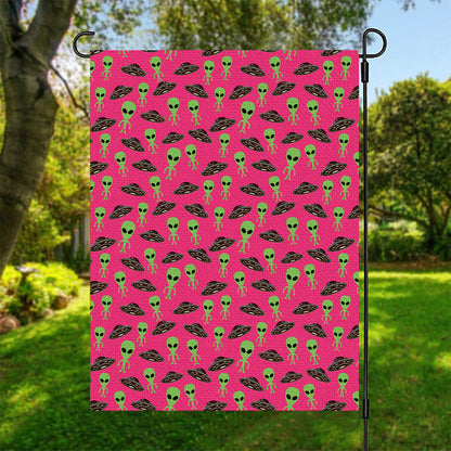 Little Green Alien UFO Print Garden Flag