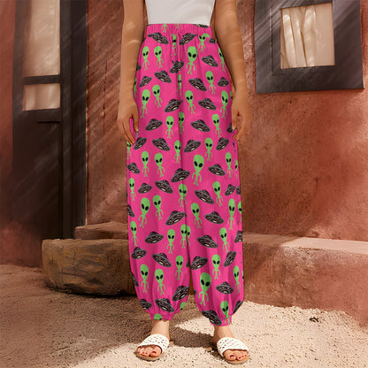 Little Green Alien UFO Print Harem Pants