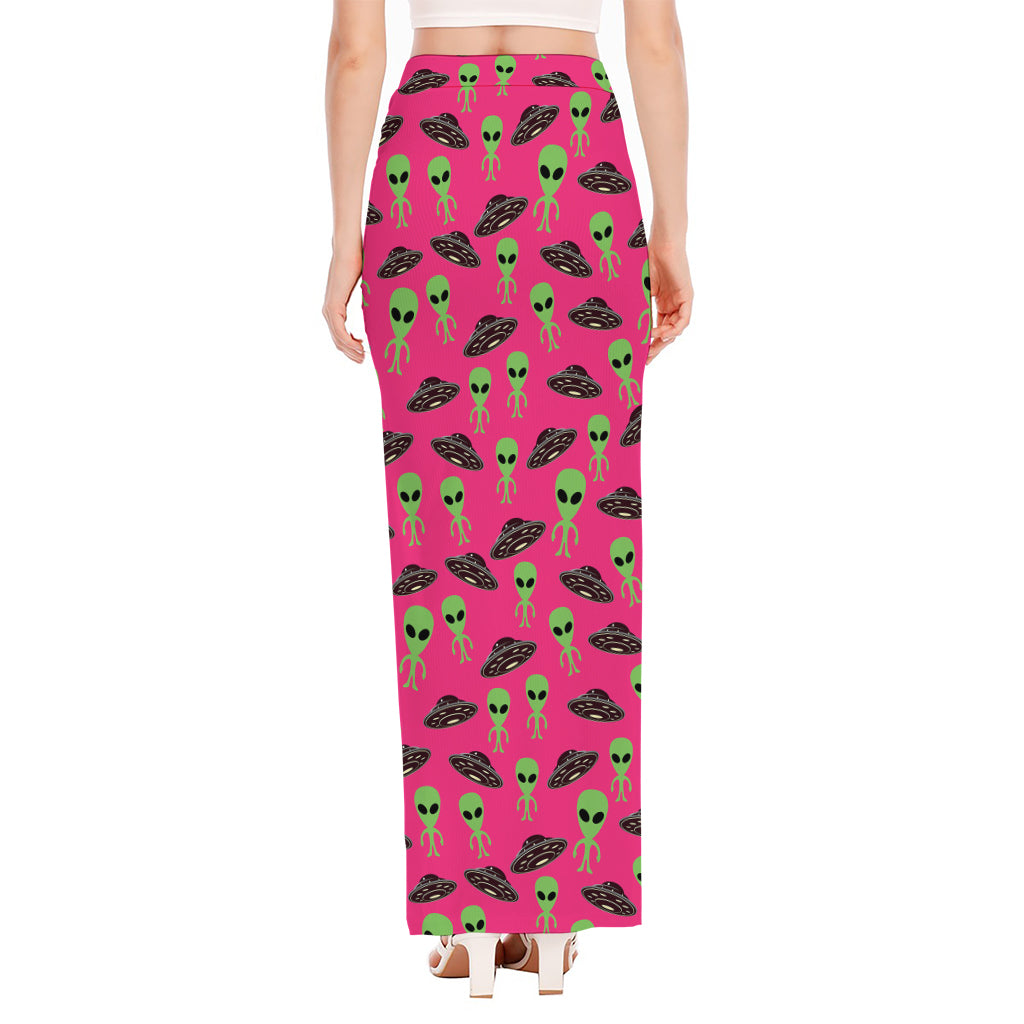 Little Green Alien UFO Print High Slit Maxi Skirt