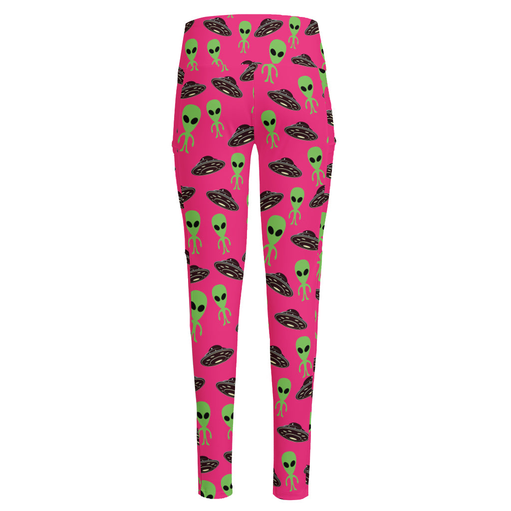 Little Green Alien UFO Print High-Waisted Pocket Leggings