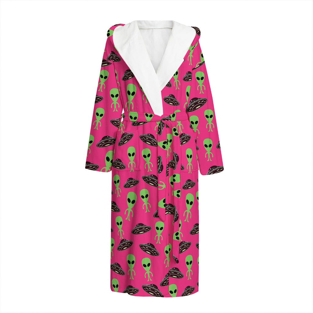 Little Green Alien UFO Print Hooded Bathrobe