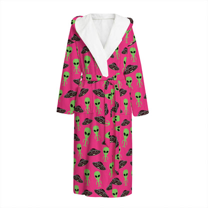 Little Green Alien UFO Print Hooded Bathrobe
