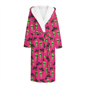 Little Green Alien UFO Print Hooded Bathrobe