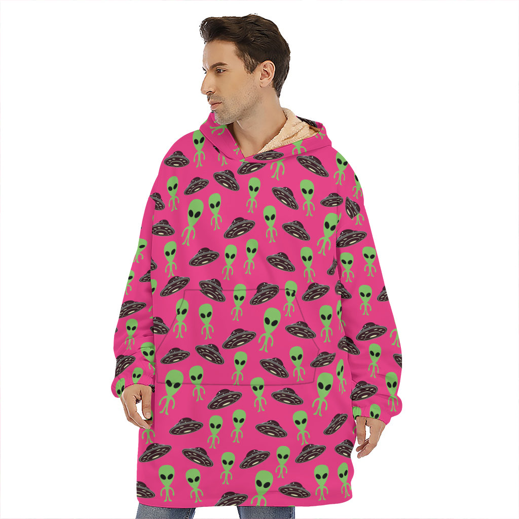 Little Green Alien UFO Print Hoodie Blanket