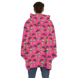 Little Green Alien UFO Print Hoodie Blanket