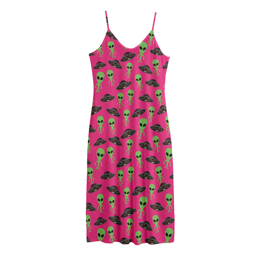 Little Green Alien UFO Print Jersey Midi Cami Dress