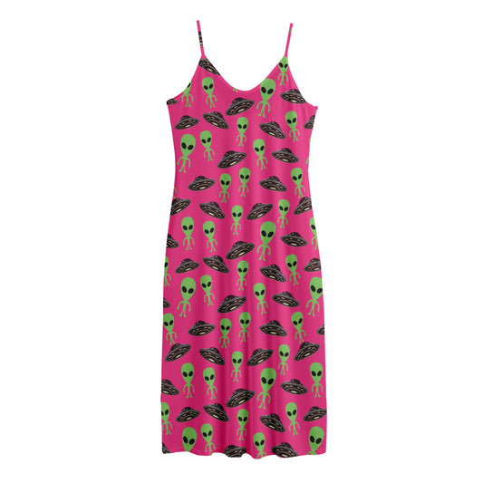 Little Green Alien UFO Print Jersey Midi Cami Dress