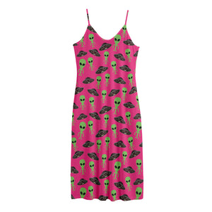 Little Green Alien UFO Print Jersey Midi Cami Dress