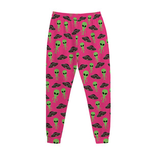 Little Green Alien UFO Print Jogger Pants