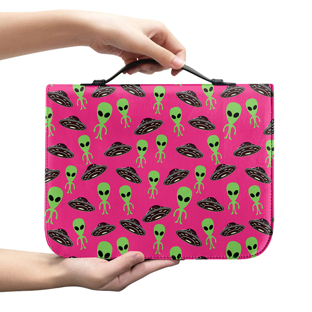 Little Green Alien UFO Print Leather Bible Cover