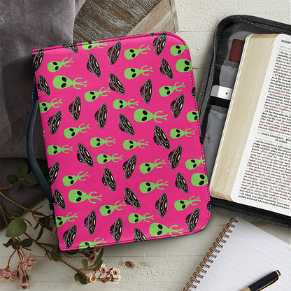 Little Green Alien UFO Print Leather Bible Cover