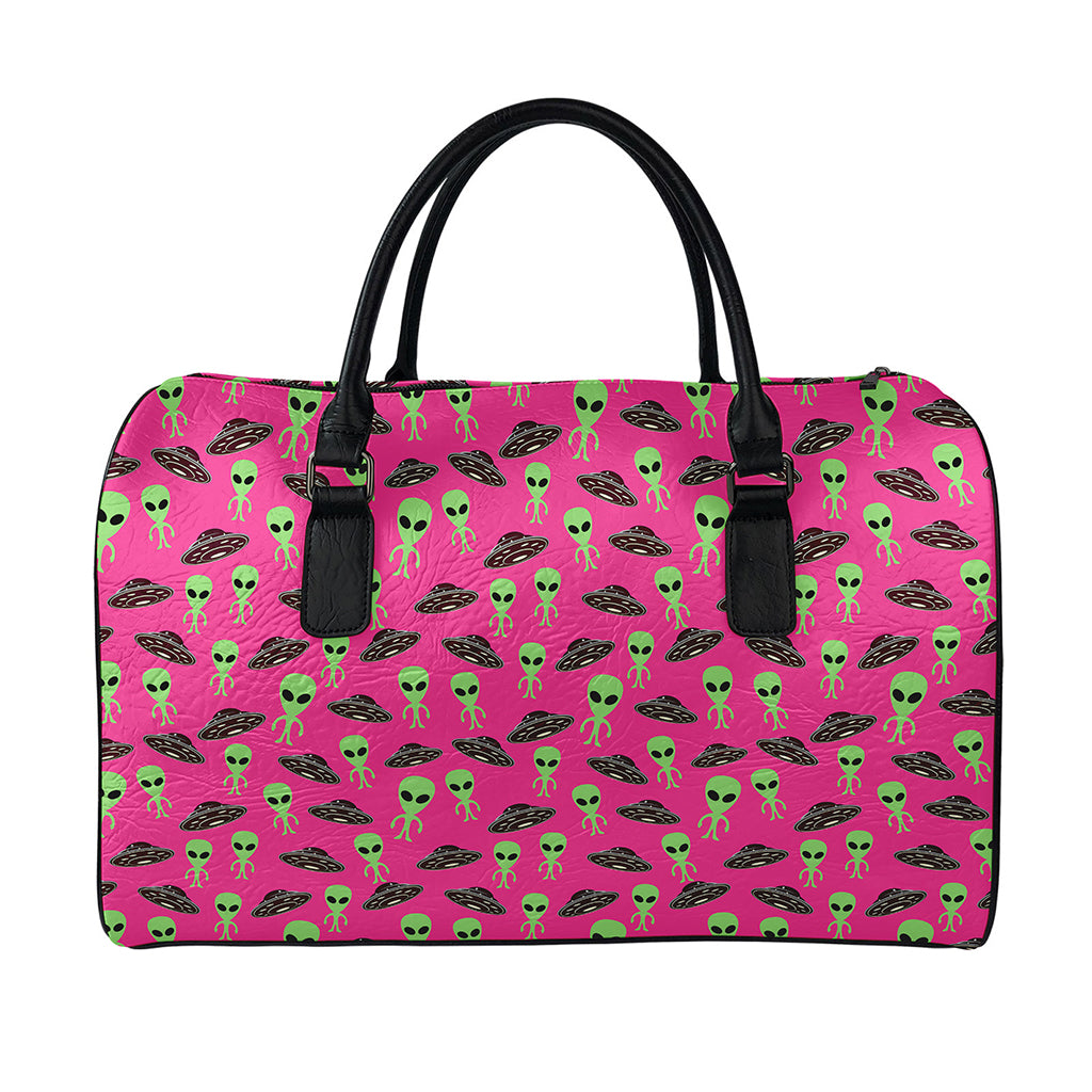 Little Green Alien UFO Print Leather Duffle Bag