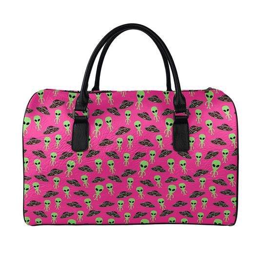 Little Green Alien UFO Print Leather Duffle Bag