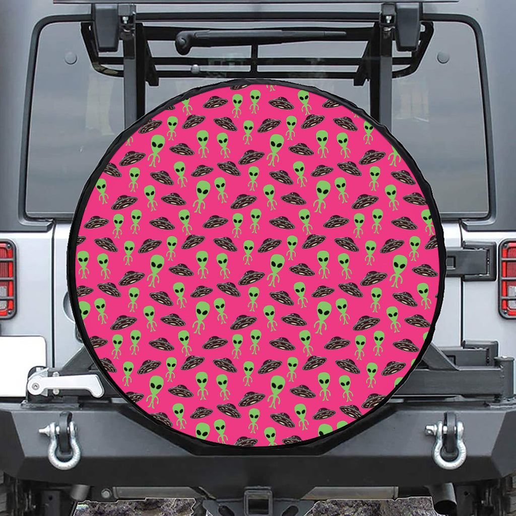 Little Green Alien UFO Print Leather Spare Tire Cover