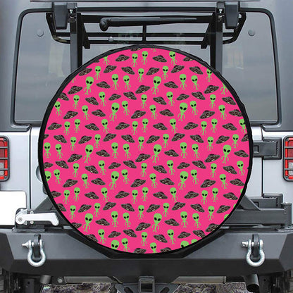 Little Green Alien UFO Print Leather Spare Tire Cover