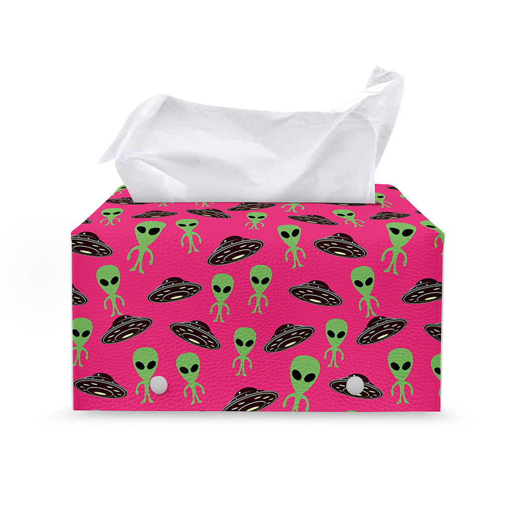 Little Green Alien UFO Print Leather Tissue Box Cover