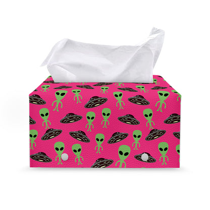 Little Green Alien UFO Print Leather Tissue Box Cover