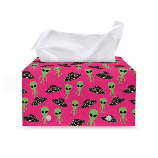 Little Green Alien UFO Print Leather Tissue Box Cover