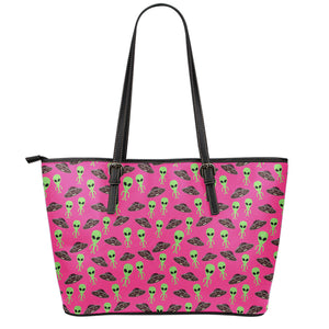 Little Green Alien UFO Print Leather Tote Bag